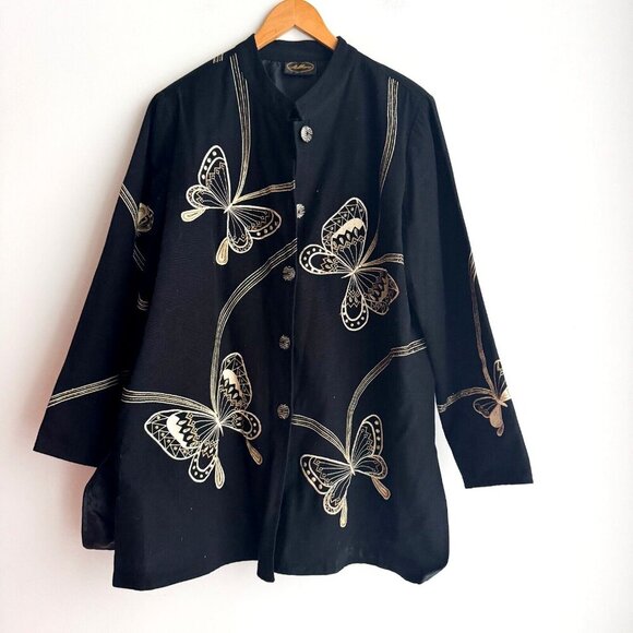 Vintage Allure Black Gold Butterly Print embroidered Blazer Jacket XL - Picture 2 of 9